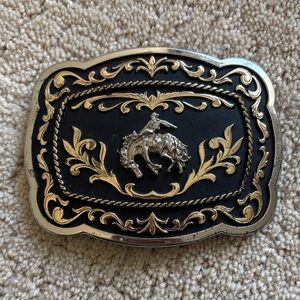Western Rodeo Horse Rider Metal Belt Buckle - Black & Gold